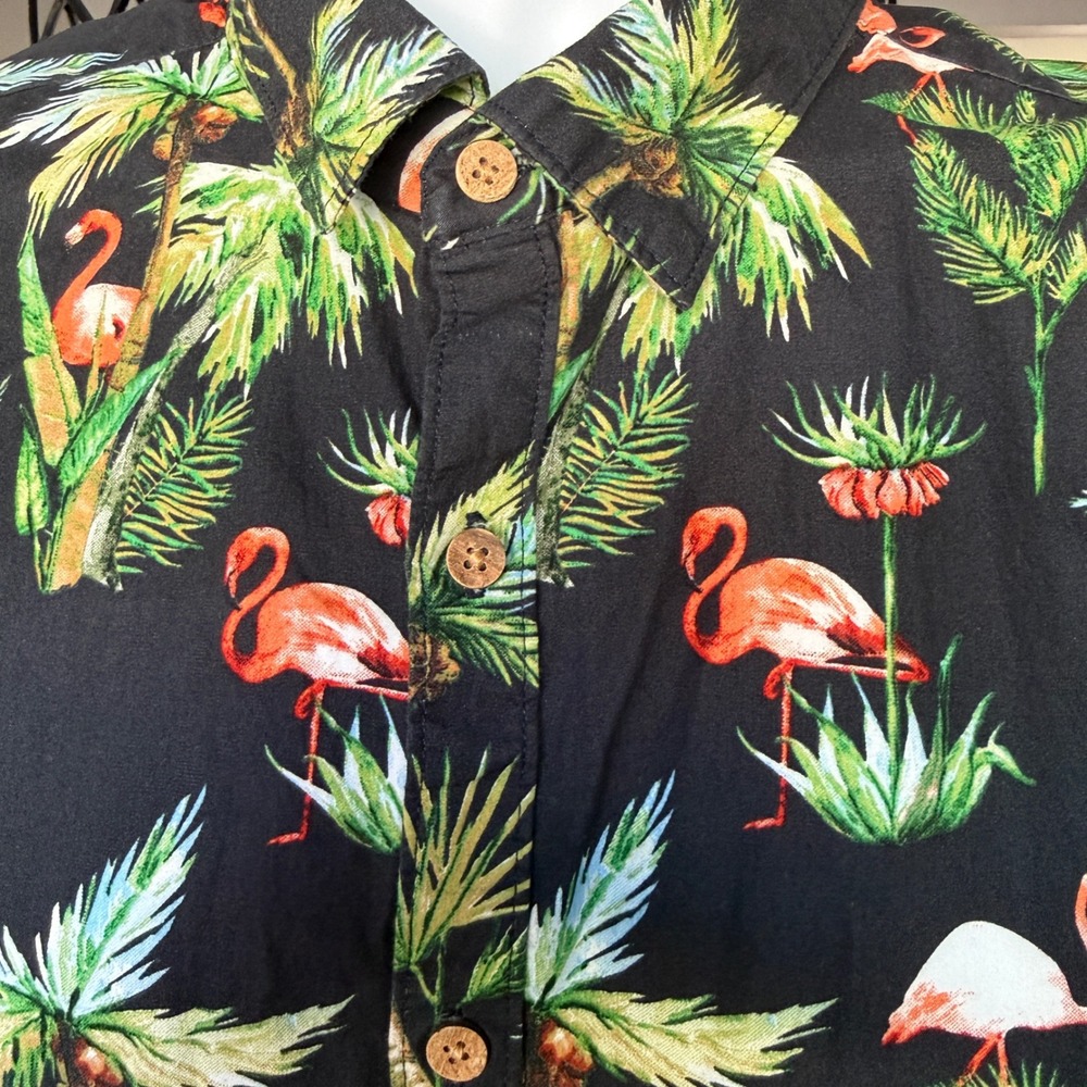 Denim & Flower Flamingo Palm Tree Tropical Button Down Shirt Black XL Slim Fit - Picture 3 of 11